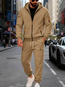 fall outfits Men's autumn and winter hooded sweatshirt and sweatpants set, with a zipper jacket and tapered pants. The multi-pocket design is both practical and stylish. The casual and sporty style makes it easy to create a trendy man look.