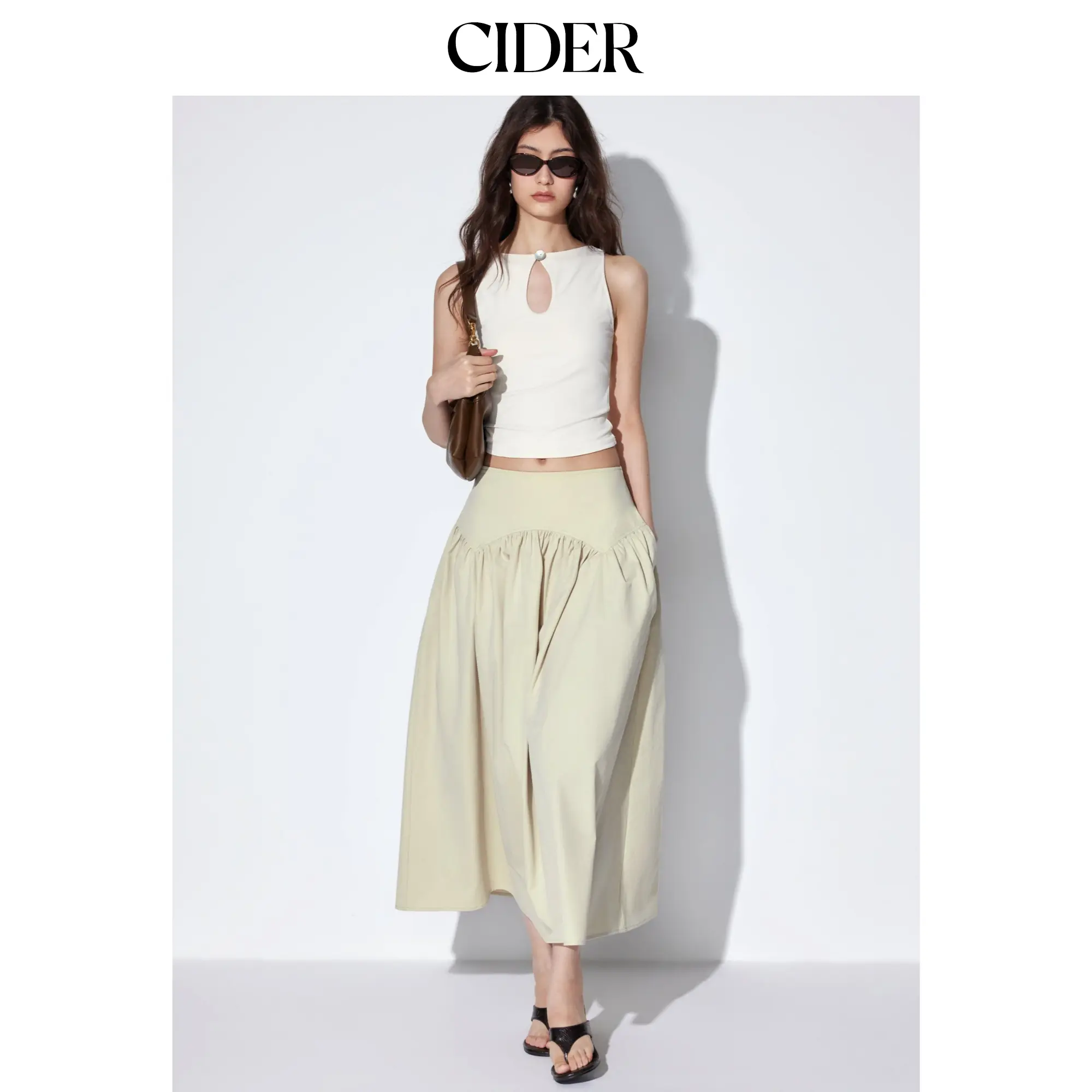 Cider Low Rise Ruched Flared Maxi Skirt