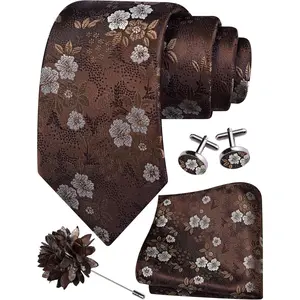 3.15"(8cm) Mens Floral Tie and Lapel Pin Necktie Hankerchief Cufflinks Set for Men