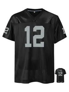 Men's #12 Black Embroidered American Football Stylish Apparel Jersey, Loose V-Neck Classic Retro Mesh Short Sleeve Pullover T-Shirt Sportswear