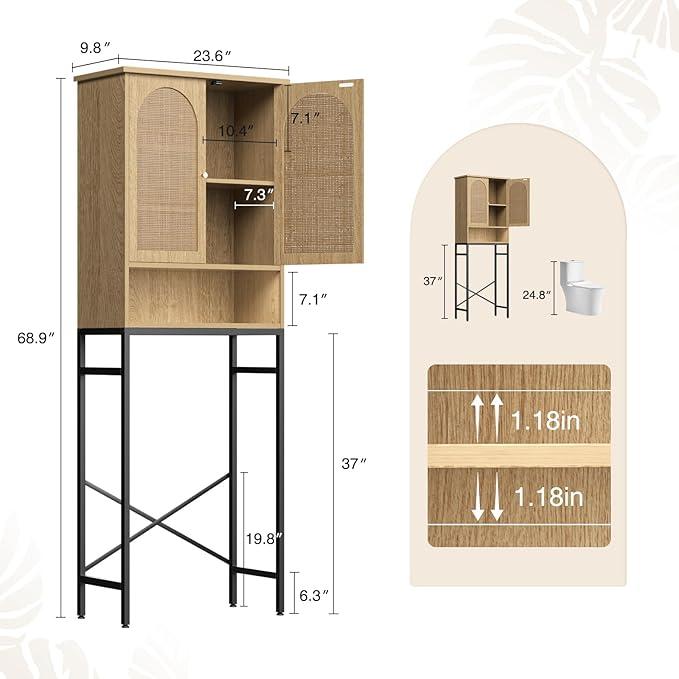 Vabches Rattan Toilet Storage Cabinet, Over the Rack Wood Cabinet with Metal Stand, Bathroom Organizer with Adjustable Shelf, Tall Freestanding Washer Shelf, Small Cupboard, Space Saver, Natural style Apartment Furniture