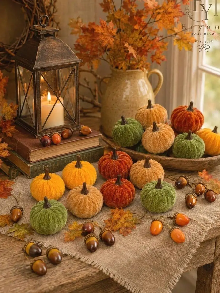 27PCS Artificial Fall Decor Set with Velvet Pumpkins, Faux Acorns & Autumn Harvest Accents for Thanksgiving, Halloween, Tiered Tray, Vase Filler & Table Centerpiece