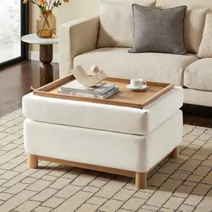 30.25" Ottoman Coffee Table with Reversible Tray Lid, Modern Upholstered Storage Ottoman with Solid Wood Base, Removable Top, Footrest and Extra Seating for Bedroom or Living Room, Ivory