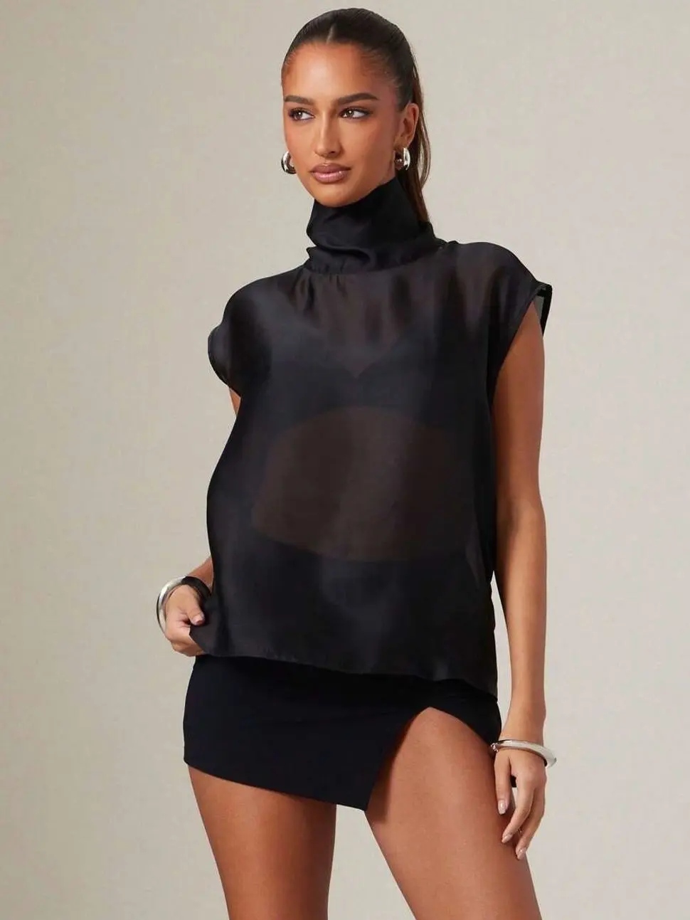 Sheer Organza Blouse High Neck Cap Sleeve Elegant Summer Fashion Top