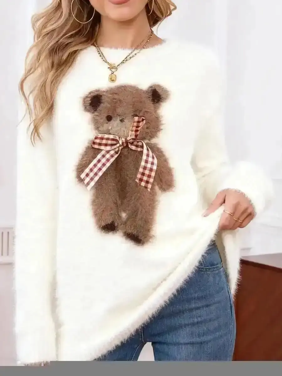 Cute Bear Women's Sweater, Winter Knitwear Pullover with Soft Plush Design for Warm and Cozy Apparel Wear Chunky Ladies Women Fashion Versatile Flowy Quality Stylish Comfortable Elegant Durable Smooth layering piece