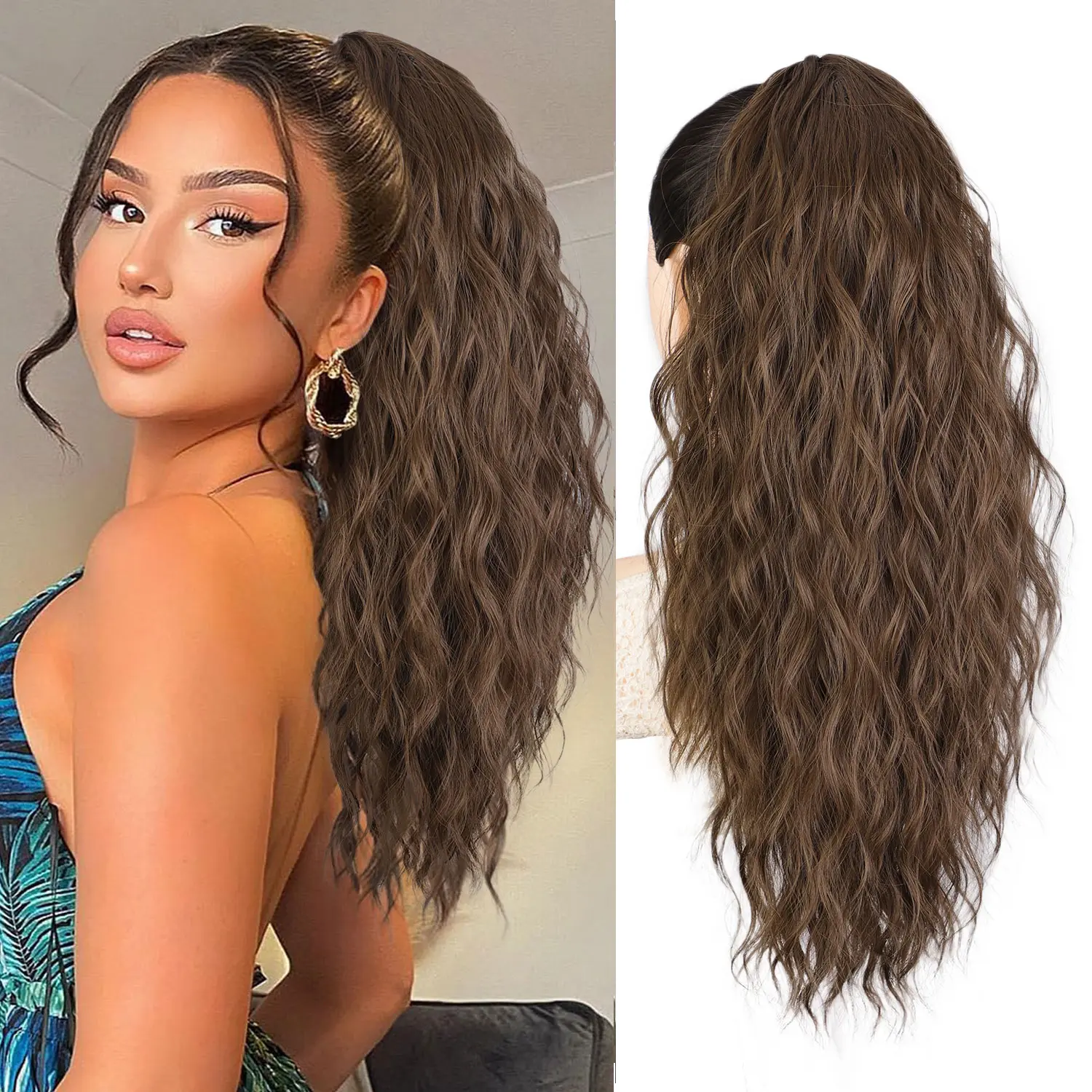 Women's Glueless Clip-in Curly Wavy Ponytail Hair Piece - 18-in HMD Fluffy Synthetic Extensions with Caramel Highlights, Natural-Looking Accessory for Ponytail Hairstyles, Wavy Curls & Fluffy Ends (Synthetic Extensions & Pieces), Clip Hair Extensions