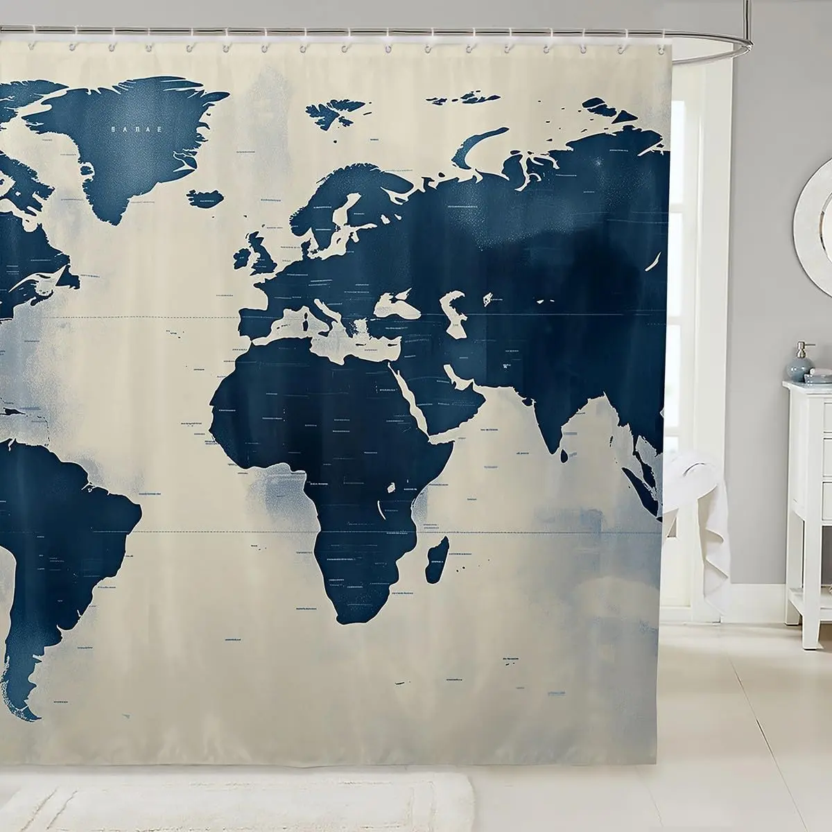 World Map Fabric Shower Curtain Blue World Map Shower Curtain Geography Asia Bathroom Waterproof Accessories with 12 Hooks Africa America Map Curtains