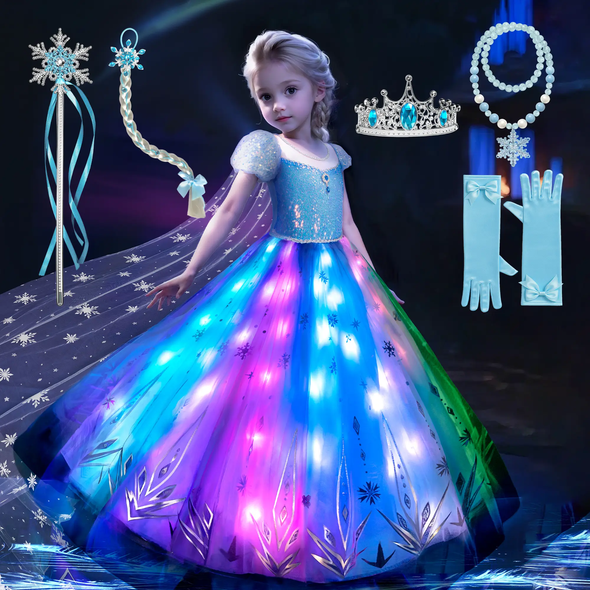 UPORPOR Blue Light-Up Ice Princess Dress for Girls – 100+ LED Modes, Music Sync, Winter Costume with Accessories (Ages 3-9)