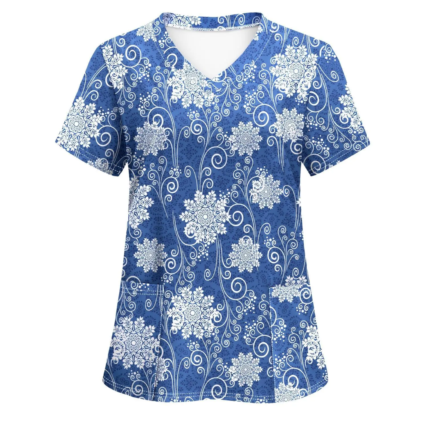 Women's Plus Size V-Neck Short Sleeve Nurse Uniform Top, Plant Pattern Print, Machine Washable All-Season Workwear with Pockets