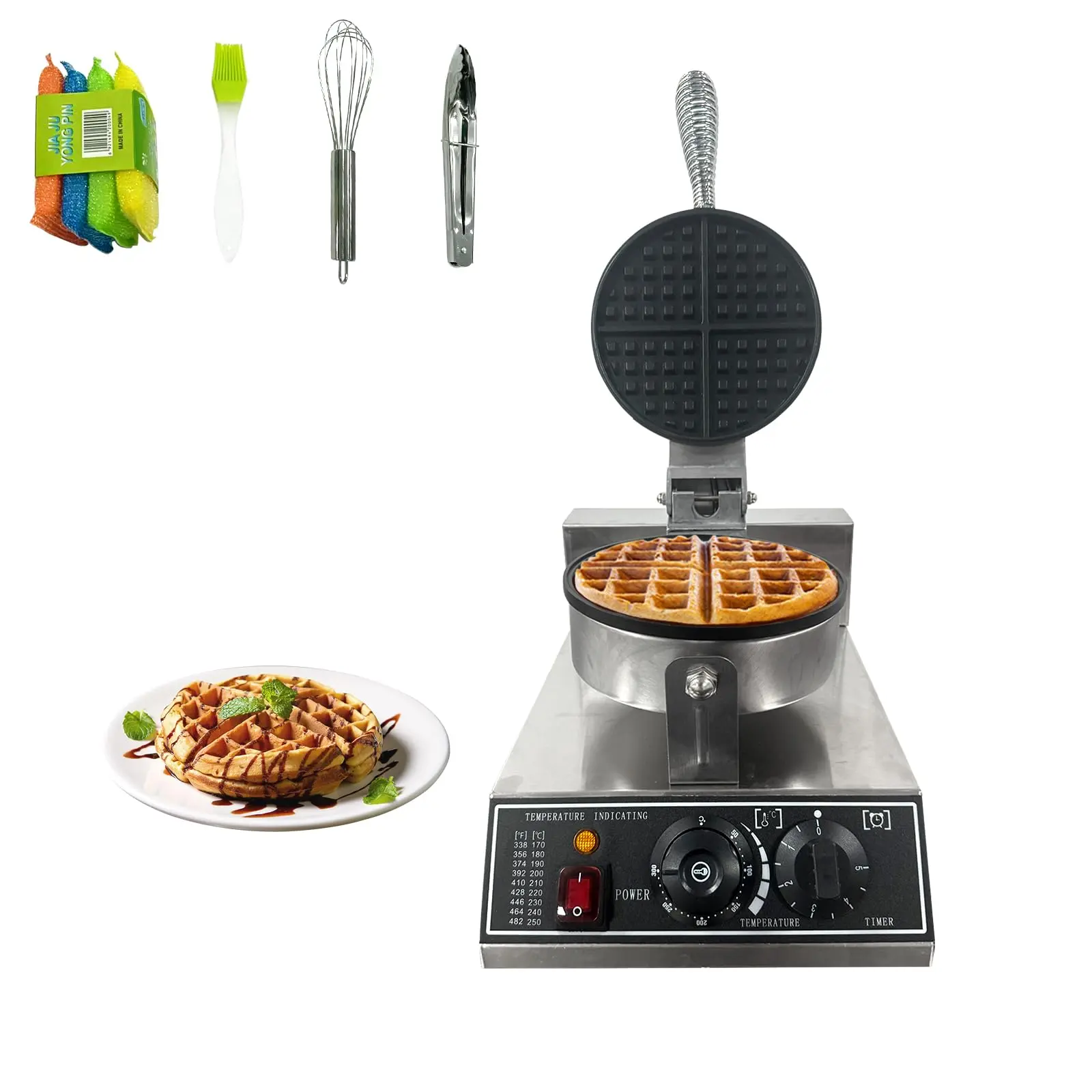 Commercial Waffle Maker,1200W Stainless Steel Nonstick Round Waffle Iron with 122℉ to 572℉ Temp Range & Time Control, for Household Bakeries Snack Bar