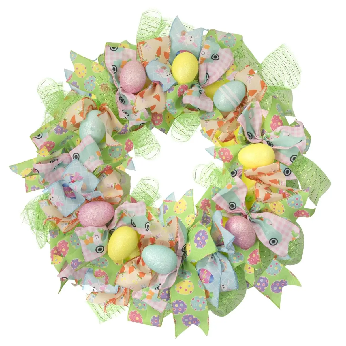 212 MAIN 22 in. Unlit Pastel Egg & Ribbons Wreath - Egg Motif Ornaments, Mesh Ribbon Decor Accessories, Festive Home Supplies