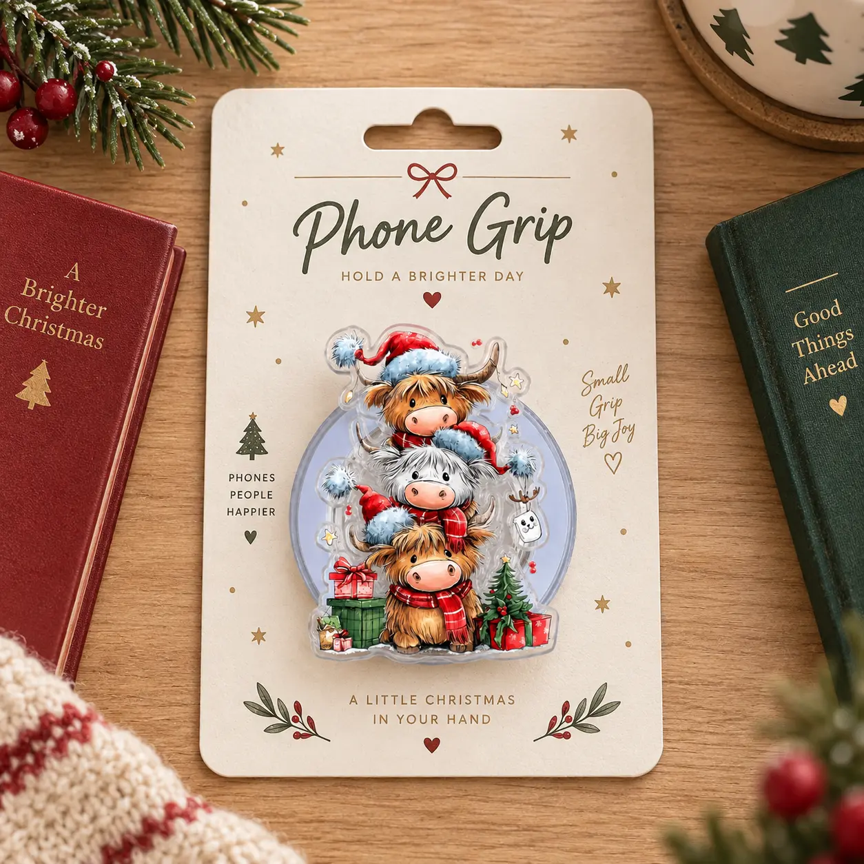 Christmas Highland Cow Phone Grip, Kindle Grip, Cow Trio Magnetic Phone Holder, Christmas Phone Accessory, Farm Animal Gift, Winter Holiday Gift, Cow Lover Gift