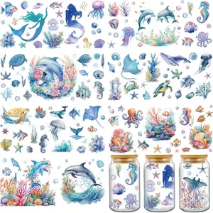 Transfer Cup Wraps Stickers - 8 Sheets Sea Animals UV DTF Cup Wraps for 16 oz Glass Coffee Mug, Dolphin Mermaid Seahorse Rub on Transfer Stickers for DIY Water Bottle Suitcase Craft Decorate