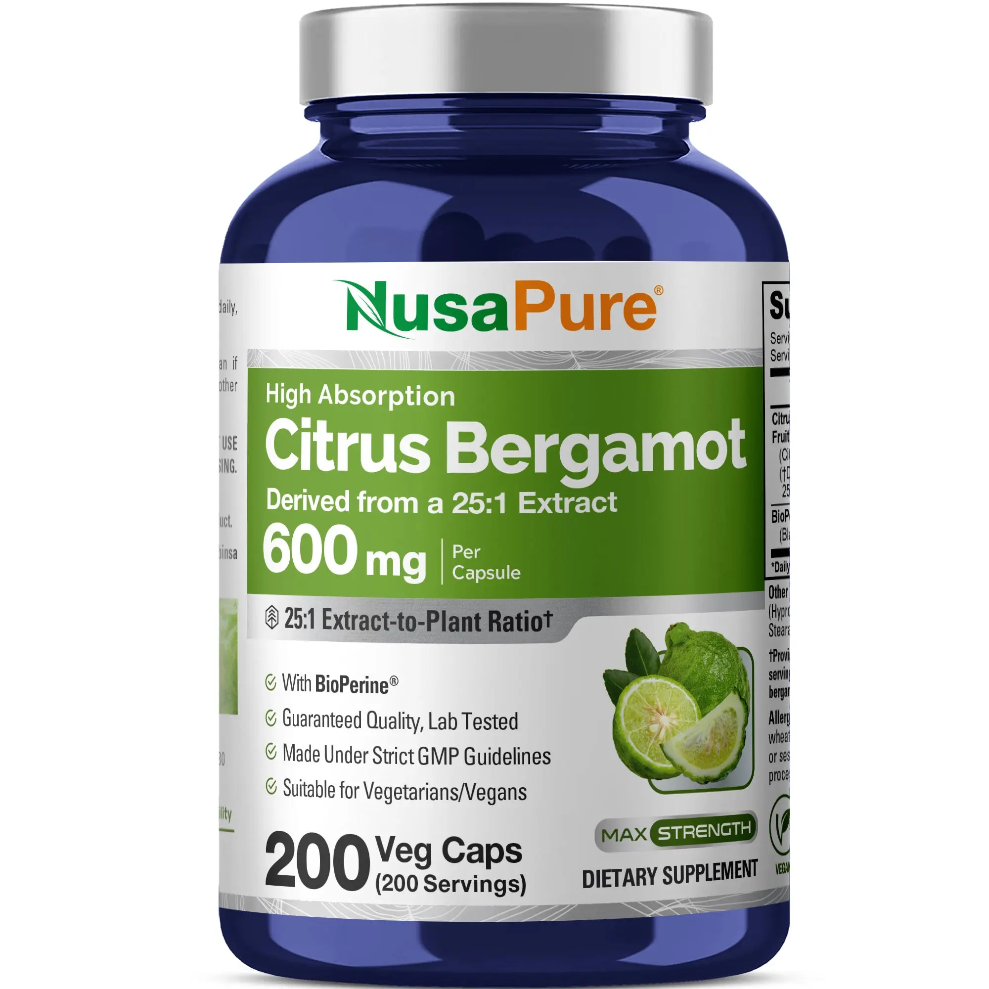 NusaPure Citrus Bergamot Dietary Supplement Capsules, 600mg 25:1 Natural Extract, 200 Capsules - 200 Servings, Bioperine, Vegan, Non-GMO, Metabolism Support
