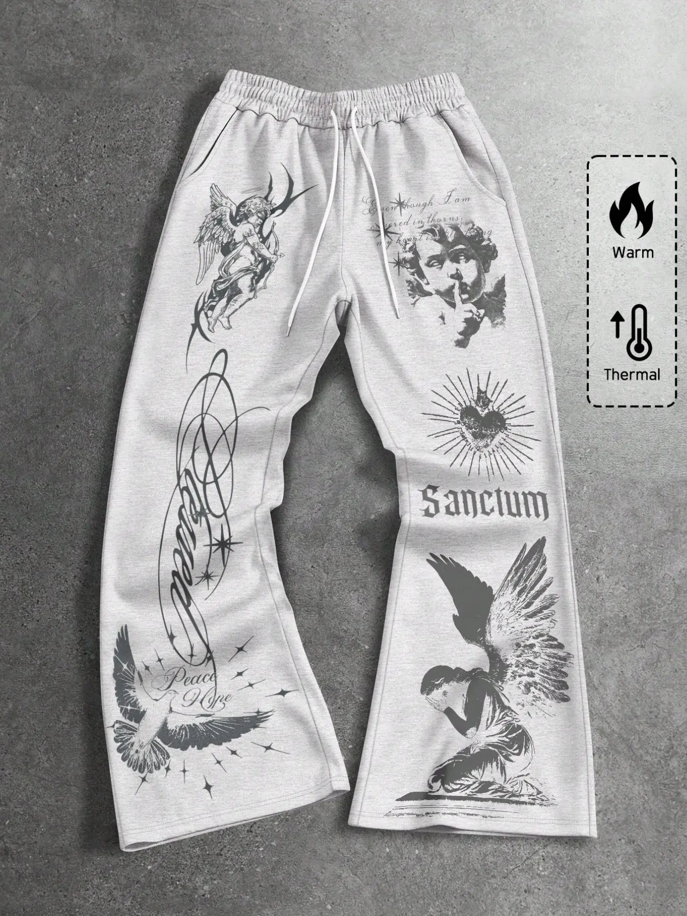 Unisex Sanctum Angel Print Wide Leg Pants, Peace Dove Gothic Font Pattern, Loose Fit Casual Long Trousers for All Seasons