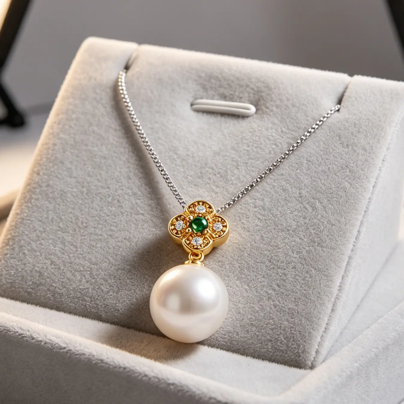 Female Clover Flower Shape Crystal Necklace - Dainty Gold Chain Jewelry with Green Crystal Faux Pearl Pendant, Elegant Accessory for Daily Wear, Special Events, Gifting