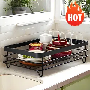 1 Tier Dish Drying Rack, Expandable Dish Rack For Kitchen Counter, Metal Dish Drainer With Drainboard Set, Black