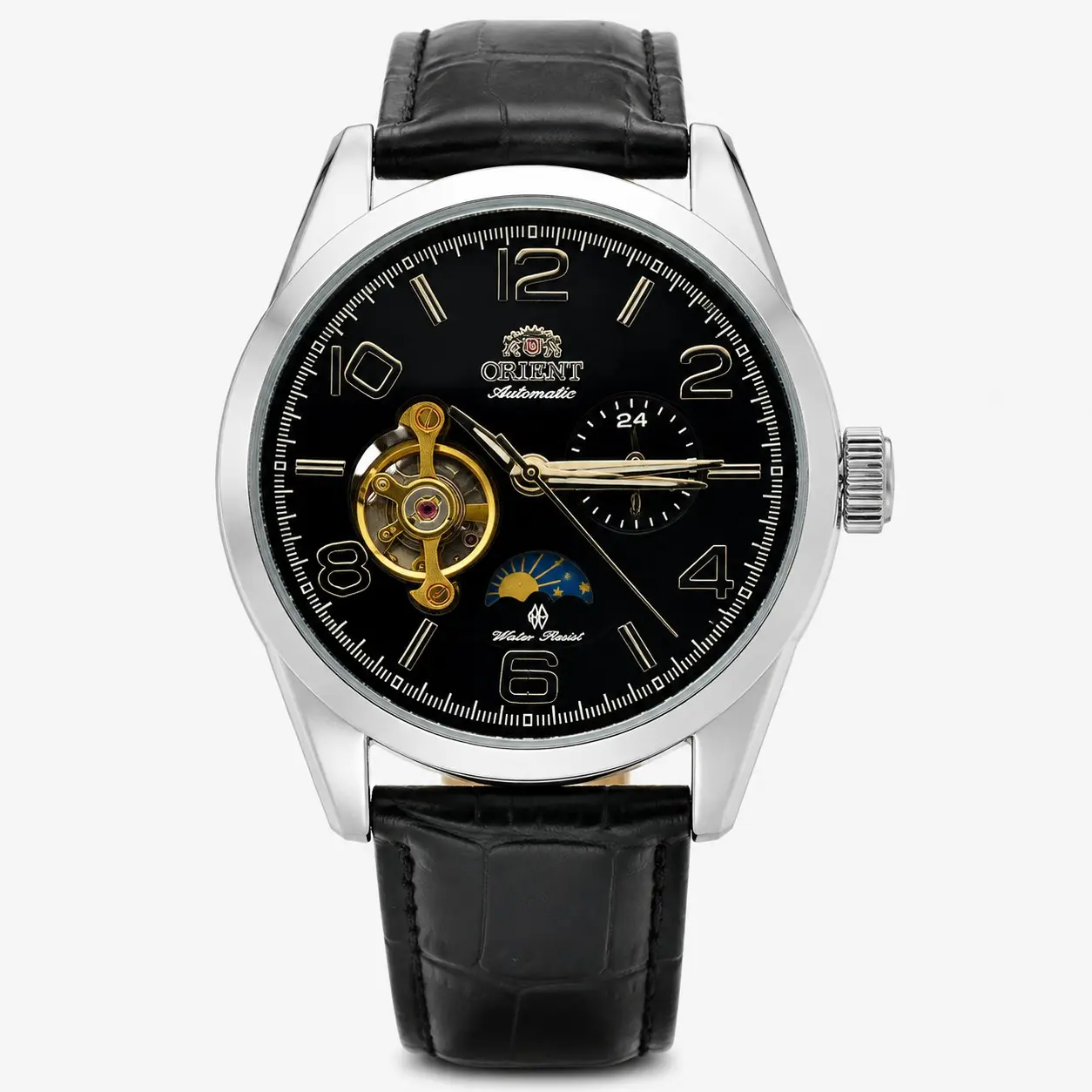Men's Fully Automatic Mechanical Watch, Multi-Functional Hollowed-Out Dial with Sun, Moon, Star & Moon Phase Displays, Black Strap