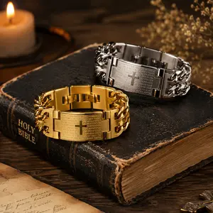 Men’s Christian Cross Stainless Steel Bangle, 304 Stainless Steel Scripture-Engraved Link Bracelet, Gold & Silver Vintage Faith Jewelry Gift for Him