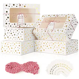12 PCS Christmas Cookie Boxes for Gift Giving, 9x6x3 Inch Golden Star Treat Boxes with Window, Auto-Popup White Bakery Box for Chocolate Covered Strawberries, Dessert, Cupcake, Pastry Packaging