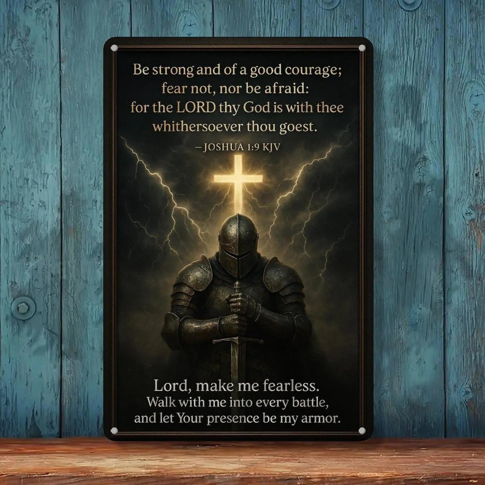 Joshua 1:9 Knight Warrior Cross Storm Christian Faith Vintage Tin Sign 8x12in Religious Bedroom Office Wall Decor Metal Tin Sign