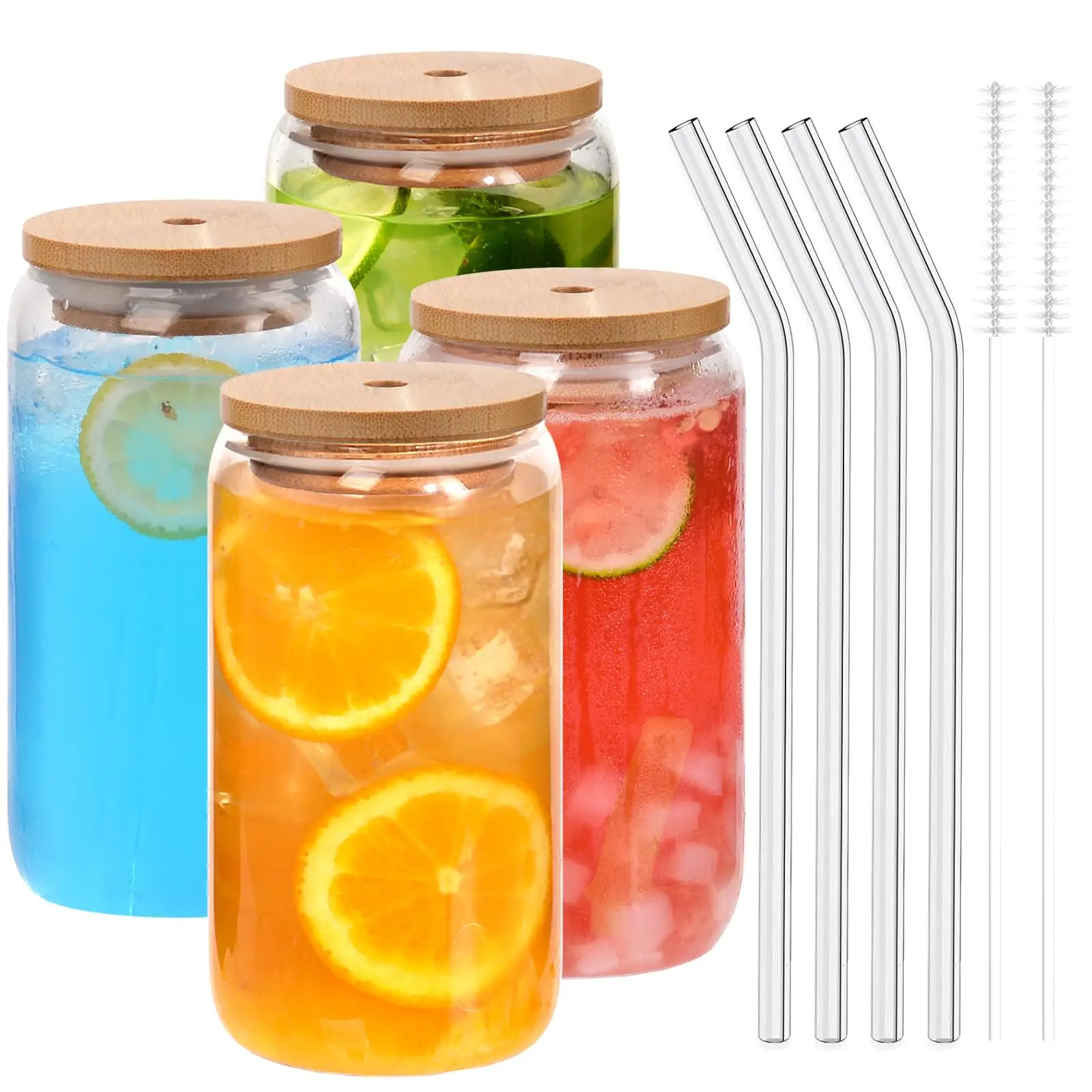 4pcs Glass Cups with Bamboo Lids and Glass Straws, 16oz Drinking Glasses Can Sha...