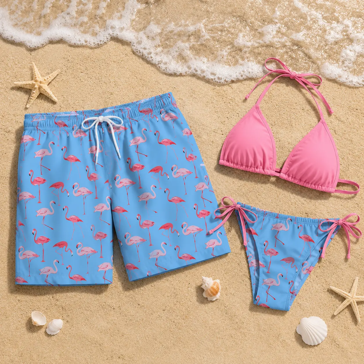 Blue & Pink Flamingo Matching Couple Swimwear Set – Women’s Pink String Bikini & Men’s Drawstring Board Shorts for Beach Vacation