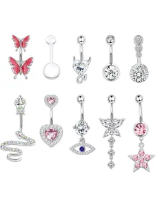 14G Belly Bar Belly Button Ring Kit 316L Steel Dangly Belly Button Piercing Jewellery Long Chain CZ Moonstone Snake Heart Butterfly Belly Bar Pack Silver Gold 10Pcs