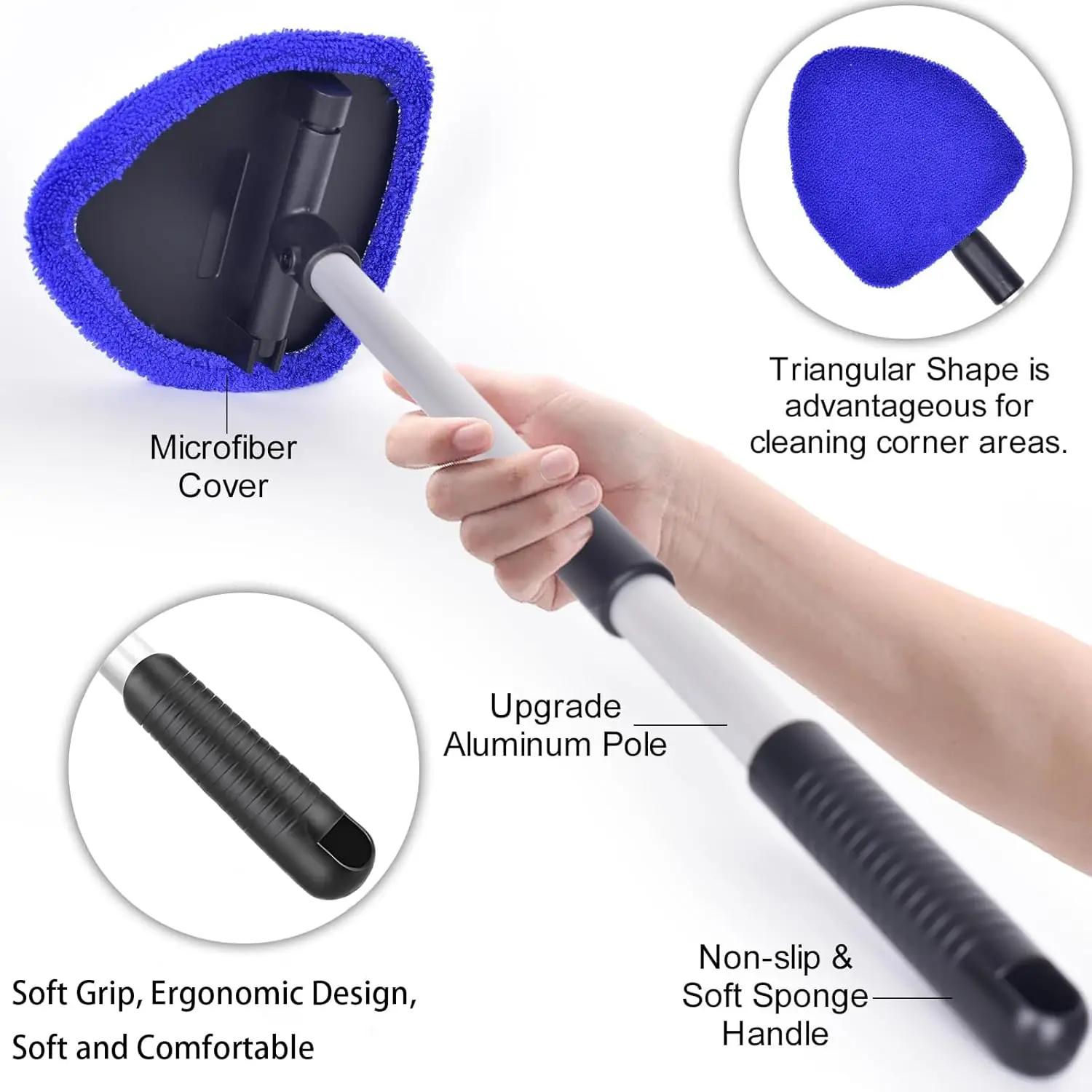 Windshield Cleaner Tool, Microfiber Car Window Cleaning Tool with Extendable Handle & 3 Cloth Pad Head, Auto Interior Exterior Glass Wiper Car Glass Cleaner Kit,car cleaning kit,car detailing products
