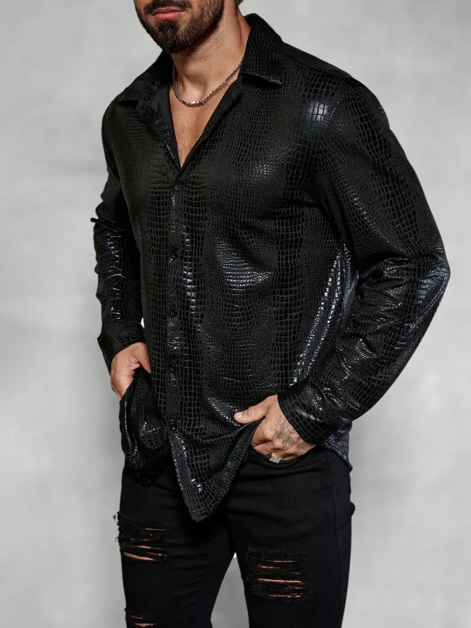 Mens shirts - Men’s Crocodile Print Long Sleeve Shirt – Casual Stylish Top for Autumn Outings men clothing fall clothes fall clothing outfits men vacation outfit long sleeve men fall outfits long sleeve shirt button shirt Menswear Gamis Plain Beige