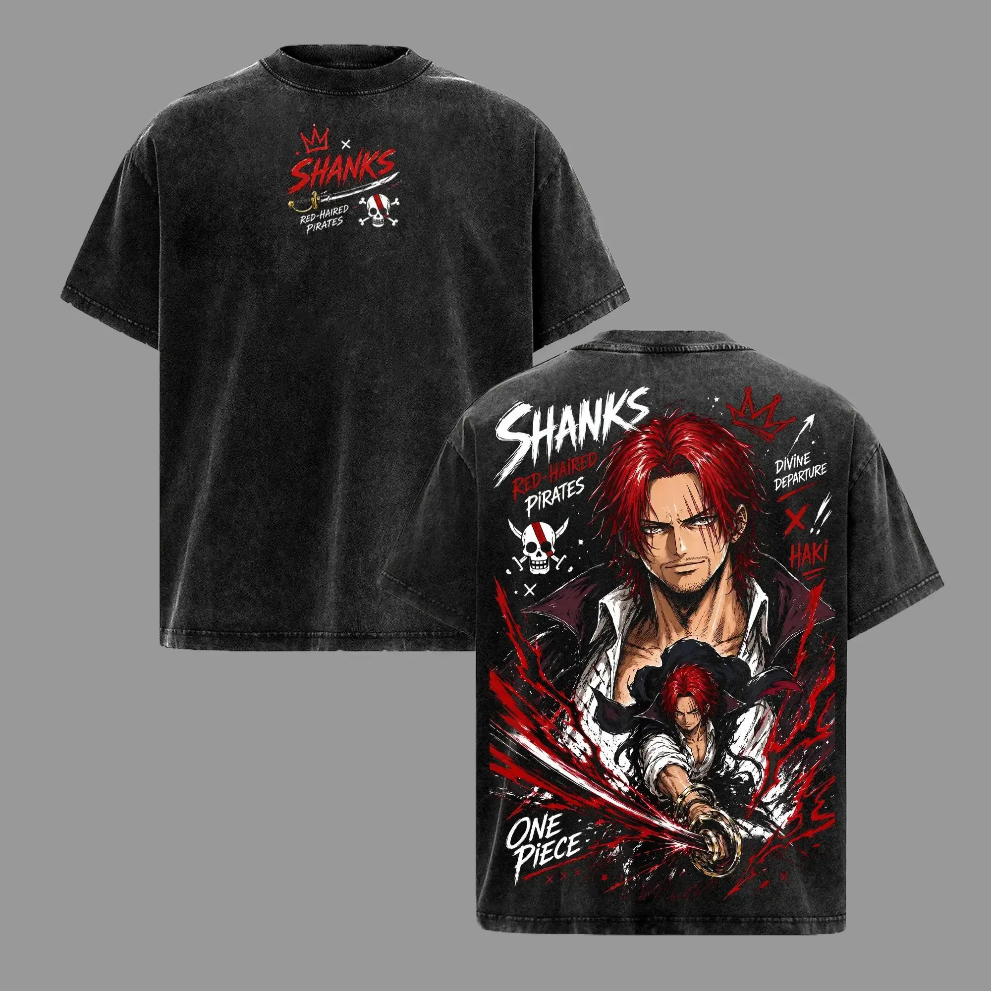 Shanks One Piece Red-Haired Pirates Haki Divine Departure Vintage Washed Oversized Anime Graphic Tee Streetwear Shirt unisex top tee Vintage Acid Washed Graphic T-Shirt humorous tshirt men funny t-shirt fashion men