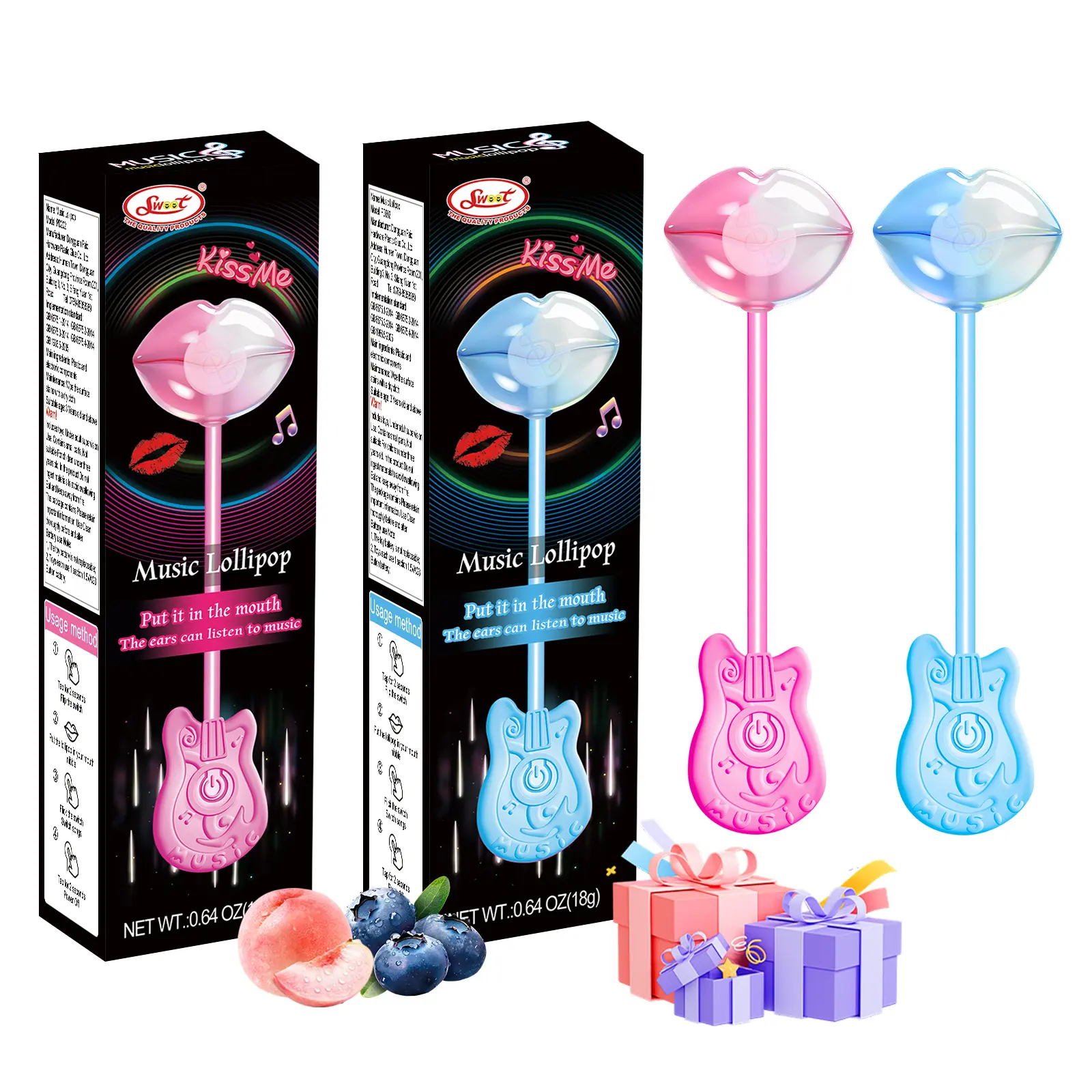 SWOOT Musical Lollipop 2 Pack, Lips Shape, Plays Happy Birthday Song, Sugar Free Candy for Kids, Funny Birthday Party Favor, Strawberry & Blackberry Flavor