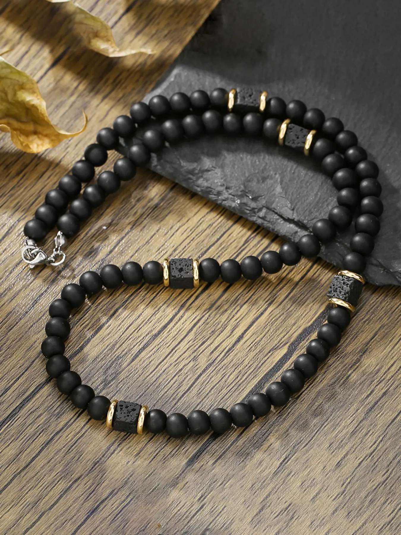 1PC Fashion Europe Vintage Black Beads Lava Stone Beaded Daily Wear Casual Trendy Jewelry Necklace for Men Jewelry Casual Style Necklaces High End Necklace
