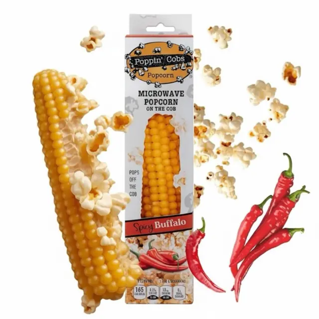 Poppin' Cobs Single Cob Microwave Popcorn Snack - Spicy Buffalo Seasoning, Crispy Natural Gluten-Free Whole Grain, Microwave Safe, Ideal for Gifts, Party Snacks, Families & Popcorn Lovers, All Ages