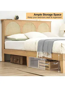 Natural Double Bed Full Bed Frame with Rattan Headboard, LED Lights, Solid Wood Foundation, Easy Assembly, No Box Spring Needed, Noise-Free