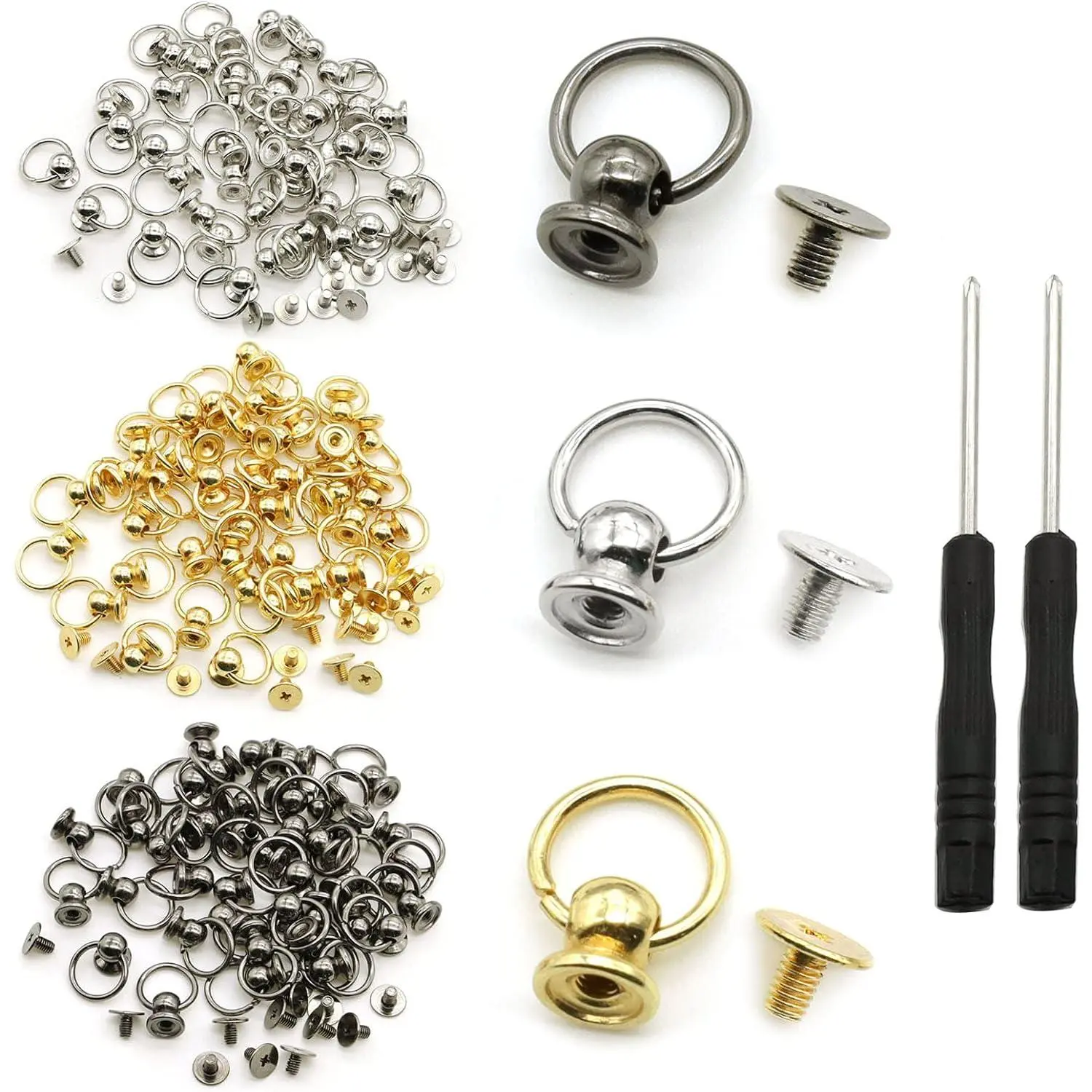 8mm Zinc Alloy Screwback Round Head Rivets with Pull Ring Studs - 120 Pcs (40 Pcs Per Color) DIY Crafts Leather Fasteners with Mini Screwdriver for Purse, Wallet Decoration