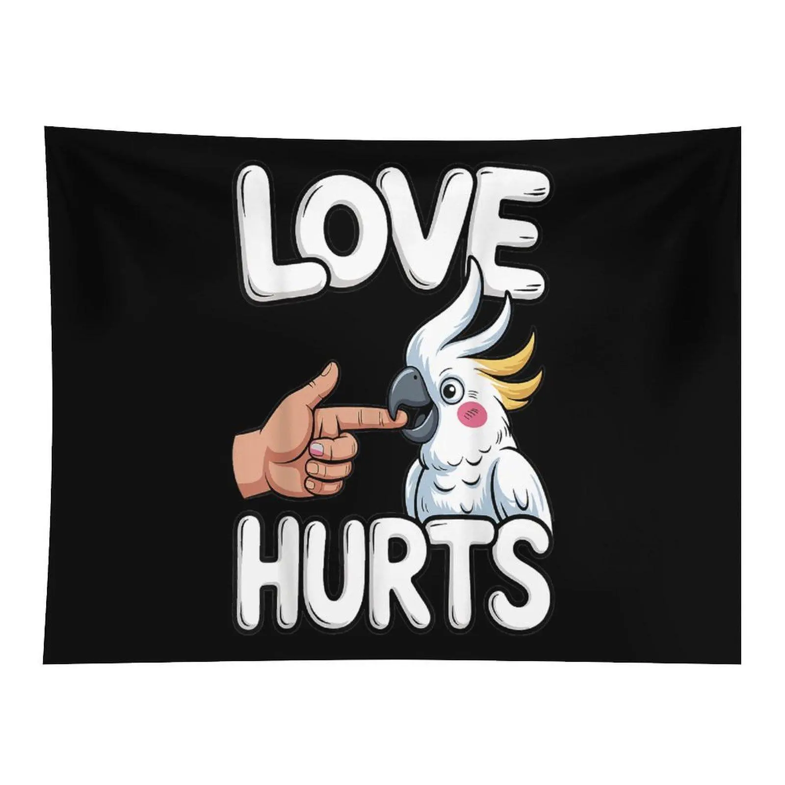 Cartoon Bird Wall Tapestry - White Cockatoo Parrot, Black Background, Finger Touch "Love Hurts" Design, Funny Pet Themed Fabric Textile, Machine Wash Safe, Bedroom Decor for Parrot Lovers
