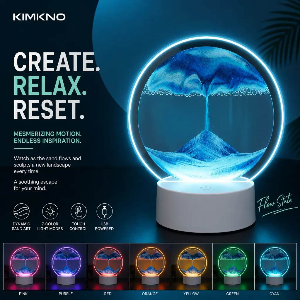 KIMKNO 3D Moving Sand Art Lamp - Single Unit Quicksand Sensory Fidget Toy with LED Glow Light Base, USB-Powered Touch Control, Flow Motion RGB Mood Lighting for PC Gaming Desk Decor