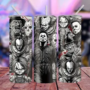 1pc 20oz Halloween Theme Stainless Steel Insulated Cup, Black and White Horror Movie Character Illustration Design, Suitable for Coffee, Milk, Beer Drinks, Includes Straw