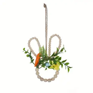Wood Bead Rabbit Decor Wall Hanging Flower Wreath, Outdoor Photography Prop, Realistic Fake Flowers, Home Decoration