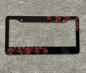Japanese Red Chrysanthemum License Plate Frame, JDM Floral Car Tag Holder, Black Sakura Style Auto Accessories, Gothic Flower Car Decor