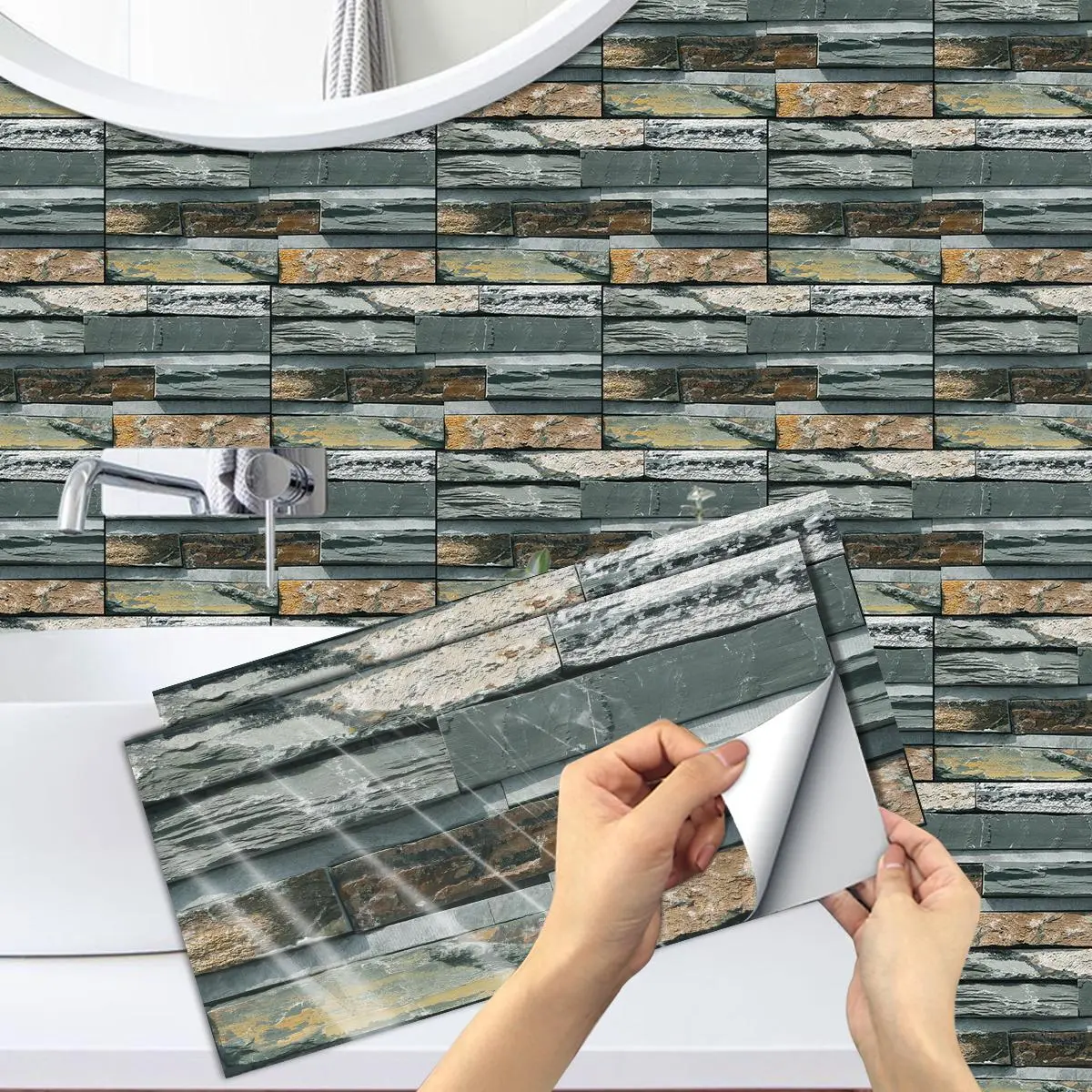 Stone Brick Pattern Wall Sticker, Self Adhesive Wall Decal, Waterproof Wall Decor for Kitchen, Bathroom, Laundry Room, RV