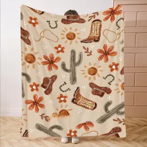 Western Cowboy Boots & Cactus Pattern Blanket, Soft Comfortable Throw Blanket, Cool Bedroom Bedding Blankets, Air-conditioned Room Blanket, Warm Nap Blanket