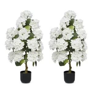2PCS Artificial Hydrangea Potted Plant 35.4in Tall UV Resistant Faux Hydrangea Tree Realistic White Flowers No Maintenance Fake Plant for Living Room Bedroom Patio Office Farmhouse Home Decor Indoor Outdoor Decoration