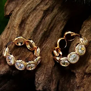 Elegant Plated Copper Hoop Earrings with Synthetic Cubic Zirconia, April Birthstone, Minimalist Round Design, Nickel-Free Ear Pins, Women’s Versatile Jewelry for Daily & Party Wear, All-Season High-Quality Accessory