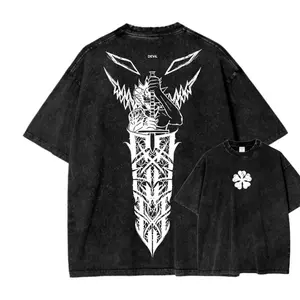 Black Clover Asta Demon Sword Graphic Vintage Washed Tee Retro Anime Inspired Short Sleeve Crewneck Oversized Streetwear Shirt for Daily and Anime Events