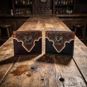 Mens Leather Wallet Horseshoe Rooster Bi Fold with Intricate Floral Tooling and Unique Rooster Concho for Rodeo Lovers Premium Leather Craftsmanship