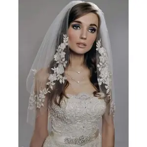 Bride Wedding Veil Short Veil 2 Tiers Fingertip Veils with Flower Lace Edge and Comb for Women (A-white)