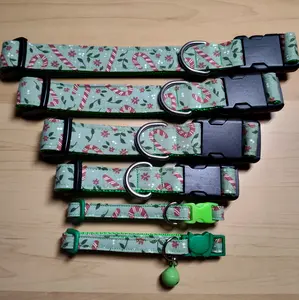 Holiday Christmas Candy Canes and Flowers on Green Cat Collar and Dog Collar