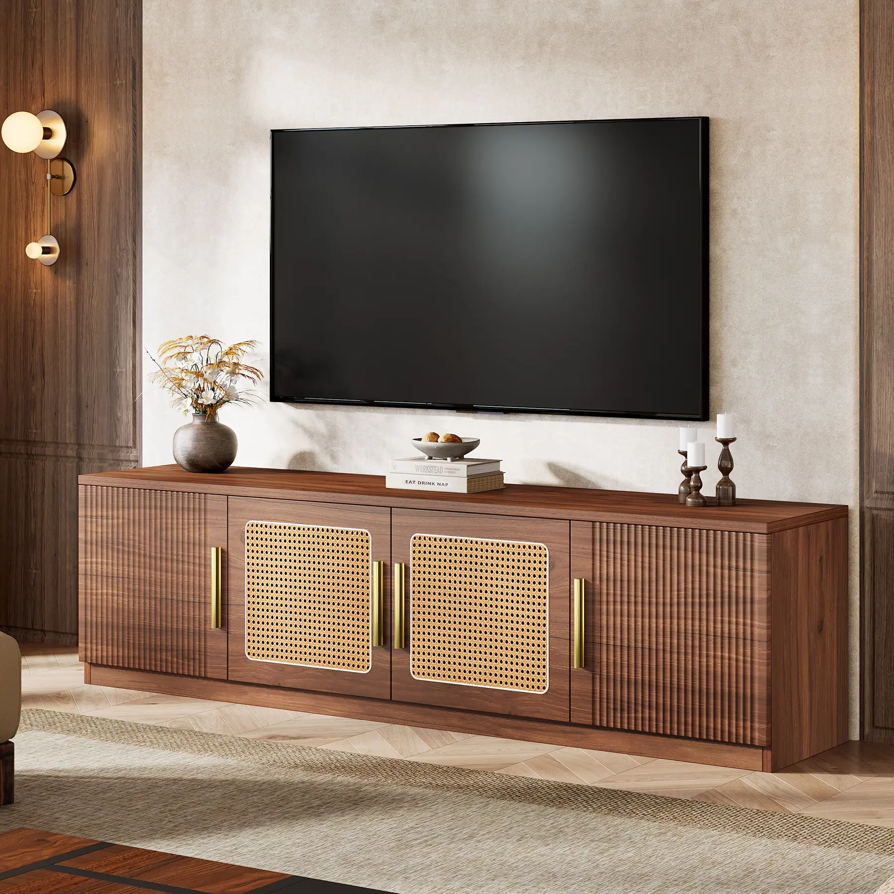 LITTLE TREE 70.9" TV Stand for Living Room, Mid Century Modern Entertainment Center with 6-Tier Storage Shelf, Wood Long Media Console Television Stands Cabinet for TVs Up to 80 Inches